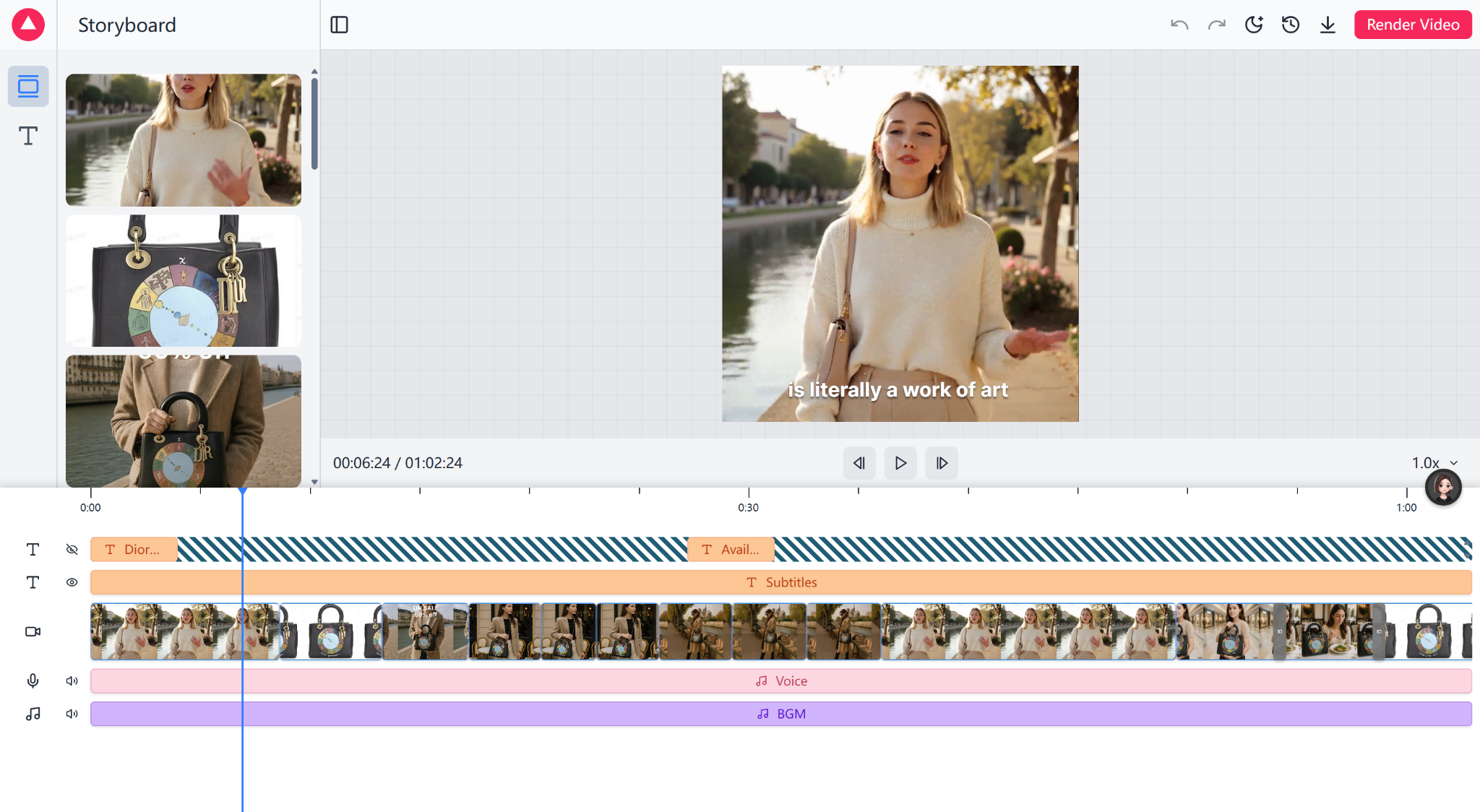 Reela Editor interface showing video editing timeline and preview